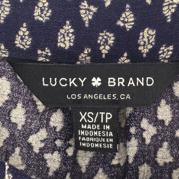 Lucky Brand Navy & Ivory Geometric Print Tie Sleeve Bohemian Blouse - Sz XS - Picture 3 of 16